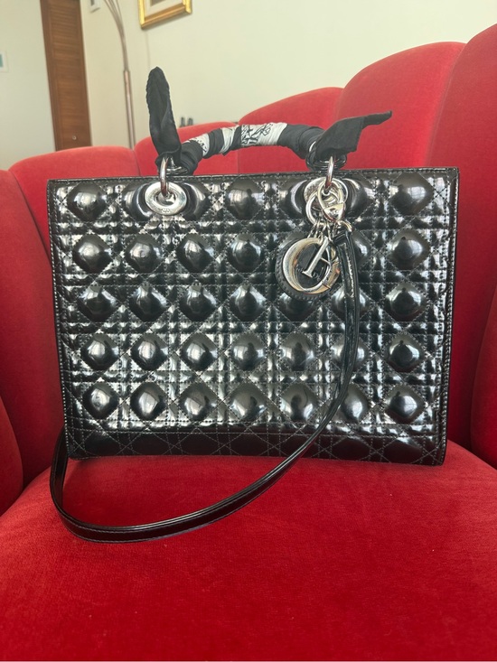 Dior Handbags - Dior Black Quilted Patent Leather Lady Dior Tote with Silver Hardware